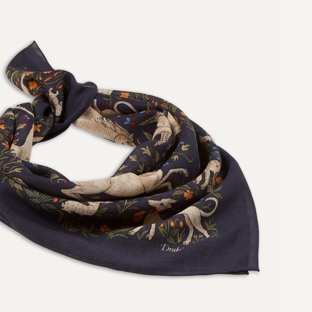 Navy Unicorn Garden Wool Silk Square Scarf