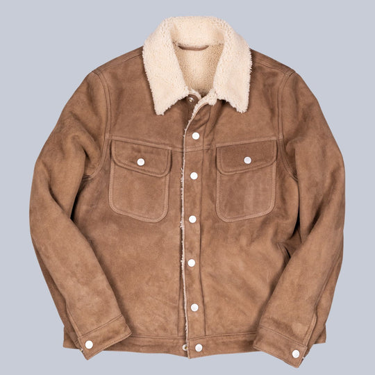 Light Brown Shearling Suede Trucker Jacket