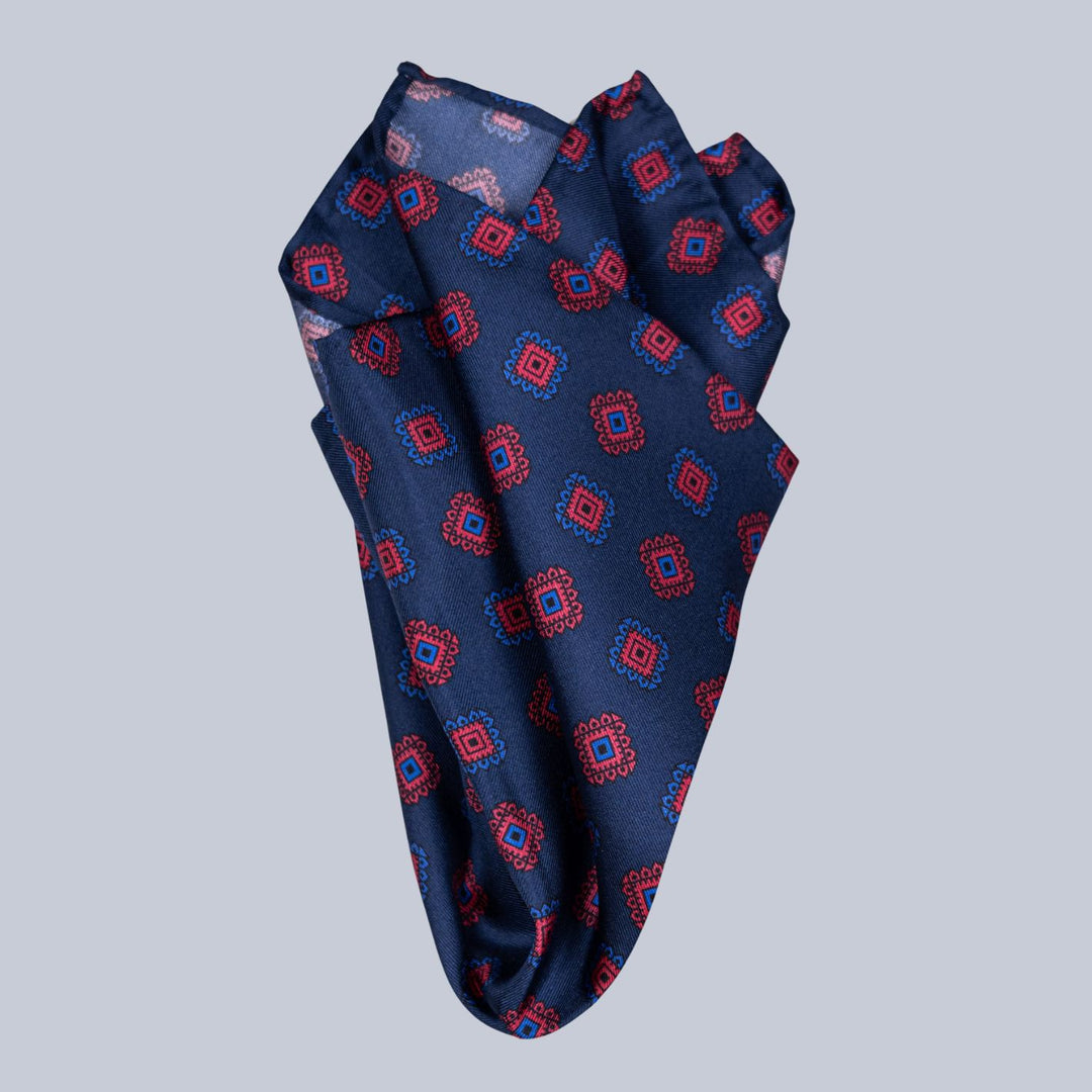 Navy Red & Blue Medallion Pattern Pocket Square