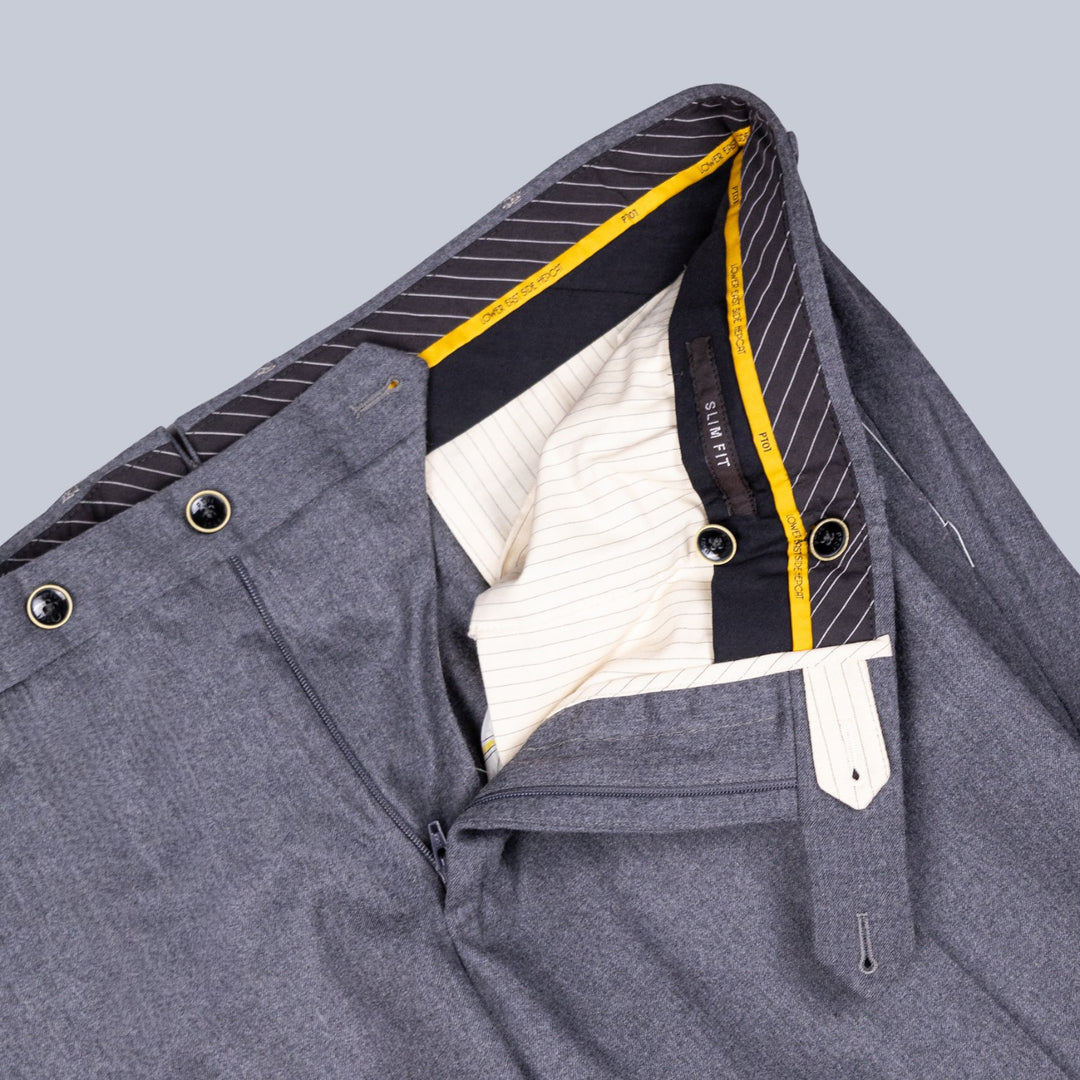 Grey Wool Flannel Slim Fit Trousers