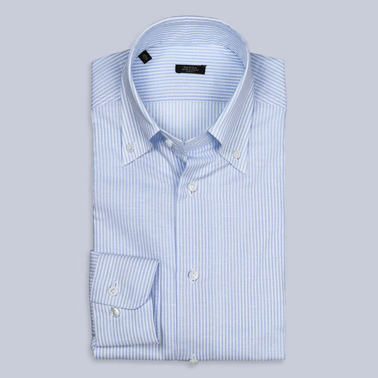 Blue White Cotton Linen Slim Button Down Shirt