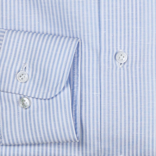 Blue White Cotton Linen Slim Button Down Shirt