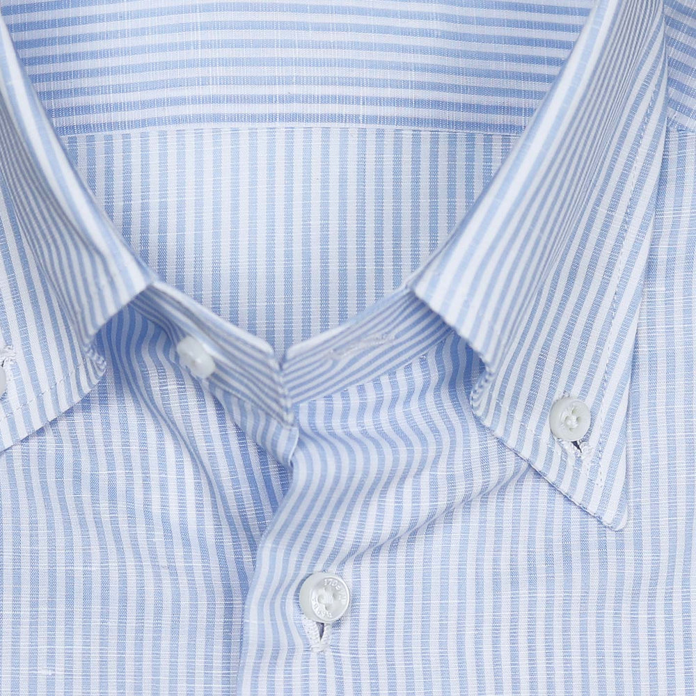 Blue White Cotton Linen Slim Button Down Shirt