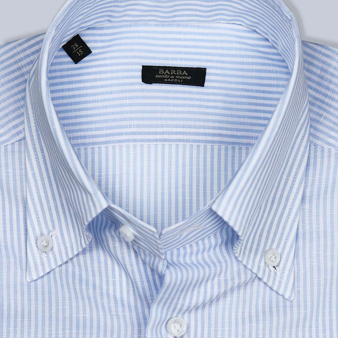 Blue White Cotton Linen Slim Button Down Shirt