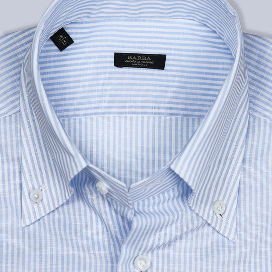 Blue White Cotton Linen Slim Button Down Shirt