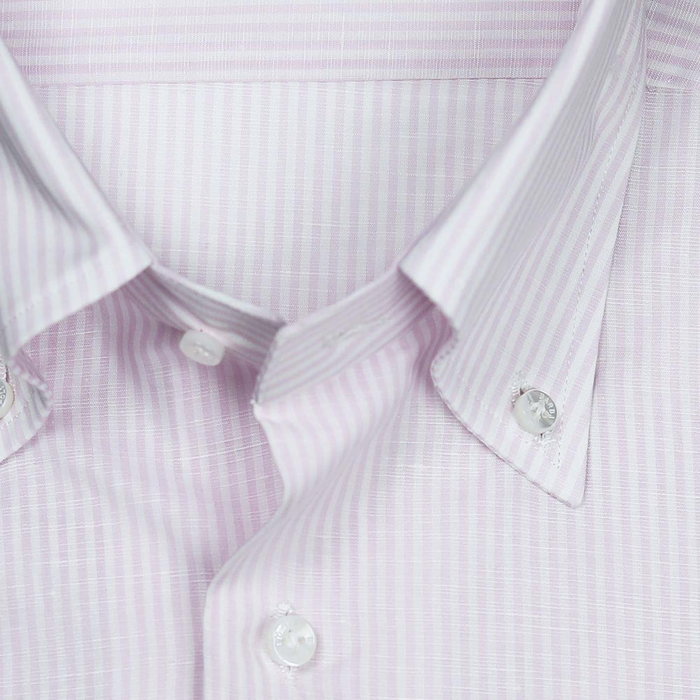 Pink White Cotton Linen Slim Button Down Shirt