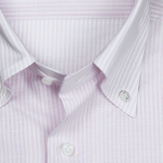 Pink White Cotton Linen Slim Button Down Shirt