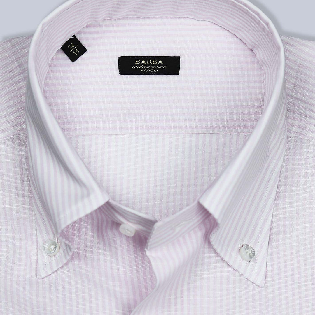Pink White Cotton Linen Slim Button Down Shirt