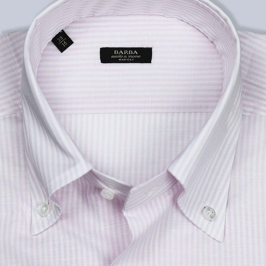 Pink White Cotton Linen Slim Button Down Shirt