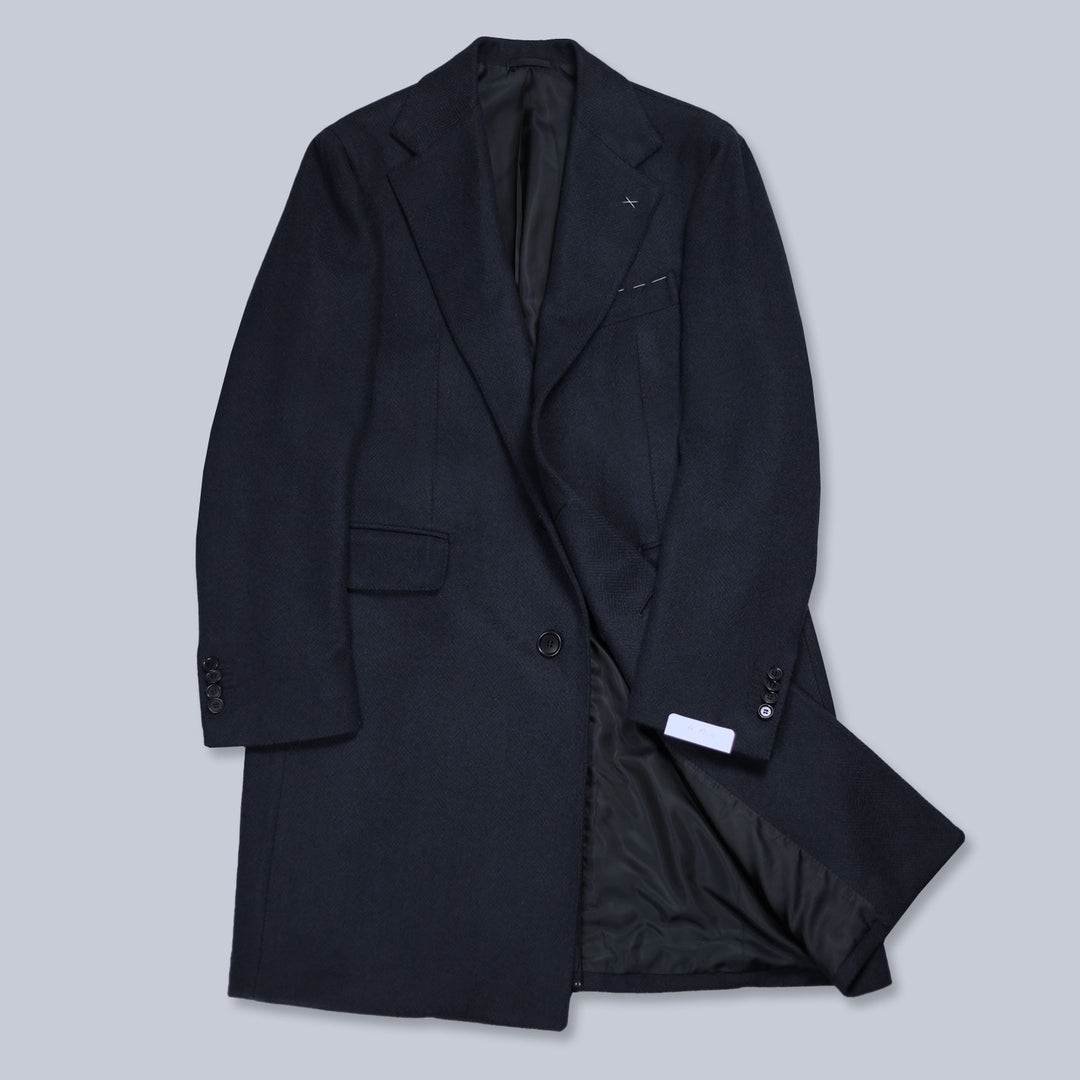 Navy Herringbone Pure Cashmere Coat