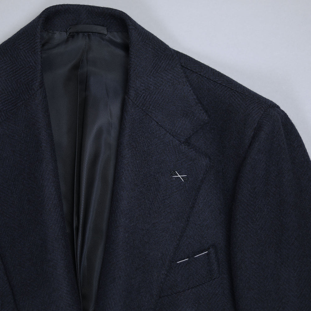 Navy Herringbone Pure Cashmere Coat