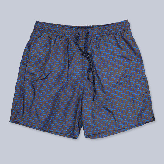 Dark Brown Navy Fish Printed Swim Shorts