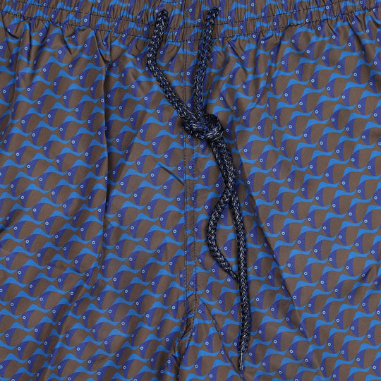 Dark Brown Navy Fish Printed Swim Shorts