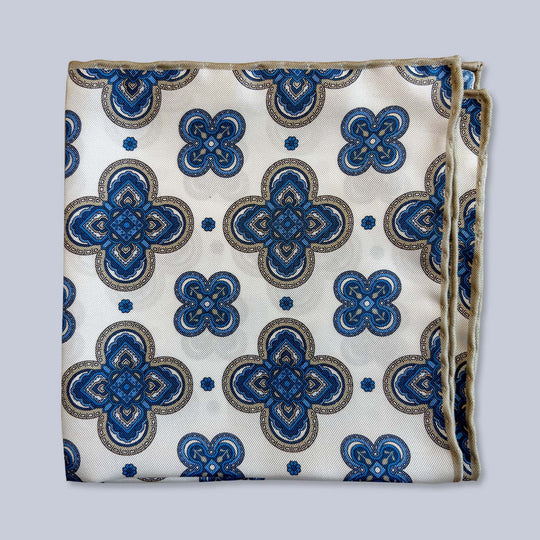 Beige Blue Patterned Silk Pocket Square