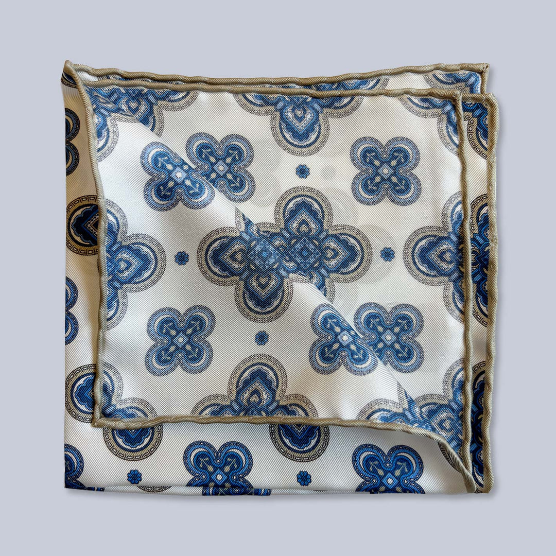 Beige Blue Patterned Silk Pocket Square