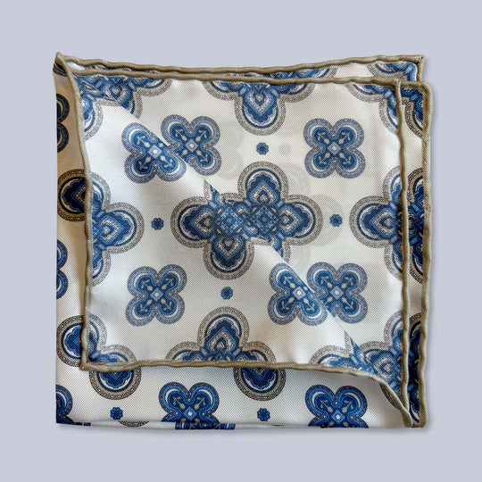 Beige Blue Patterned Silk Pocket Square