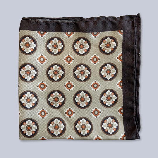 Brown Beige Orange Patterned Silk Pocket Square