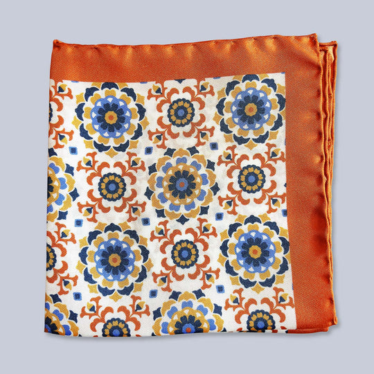 Orange Blue Flower Silk Pocket Square