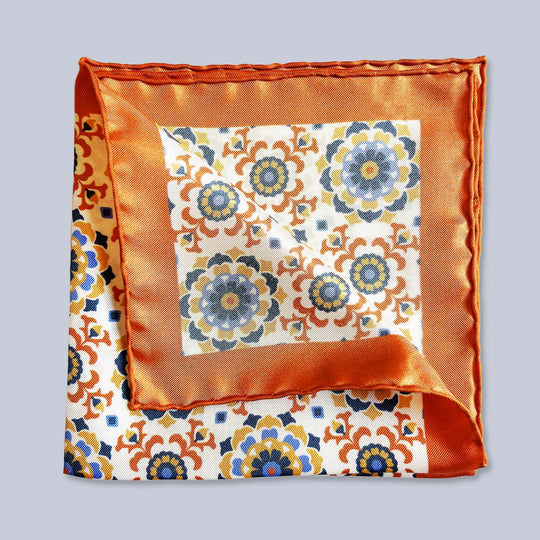 Orange Blue Flower Silk Pocket Square