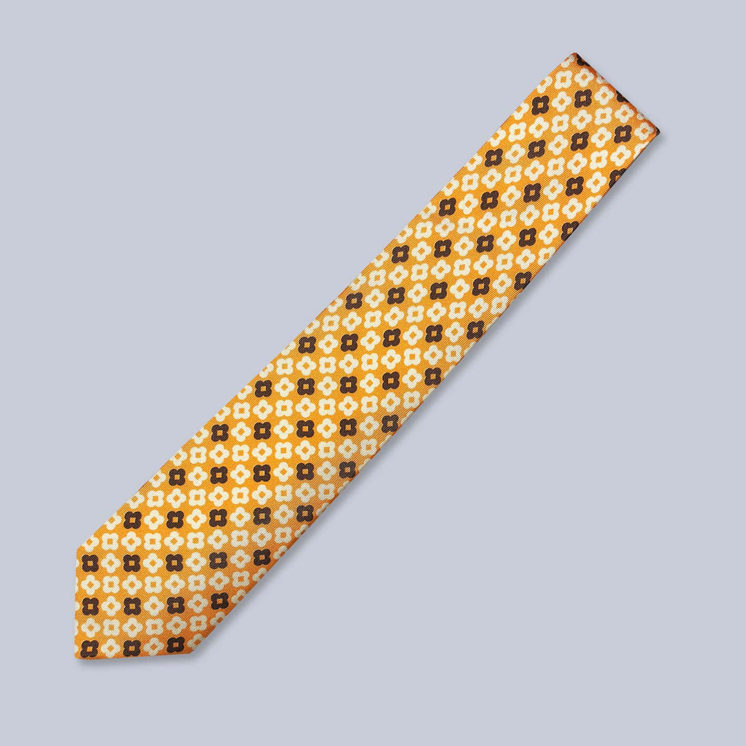 Orange Navy White Flower Silk Tie