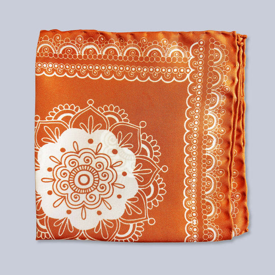 Orange White Patterned Silk Pocket Square