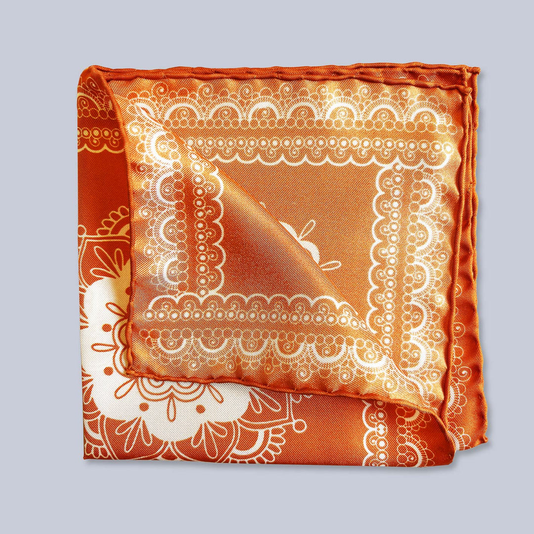Orange White Patterned Silk Pocket Square
