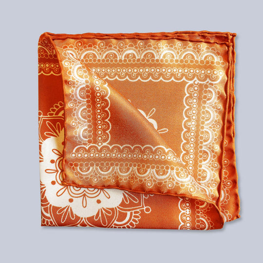 Orange White Patterned Silk Pocket Square