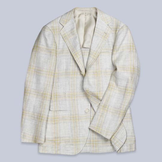 Beige Yellow Checked Linen Wool Blazer