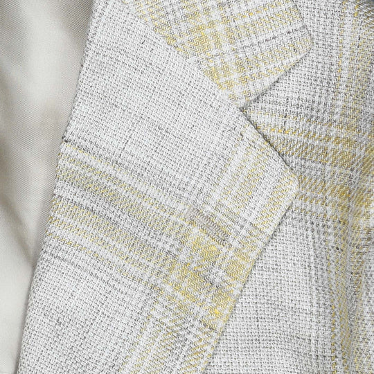 Beige Yellow Checked Linen Wool Blazer
