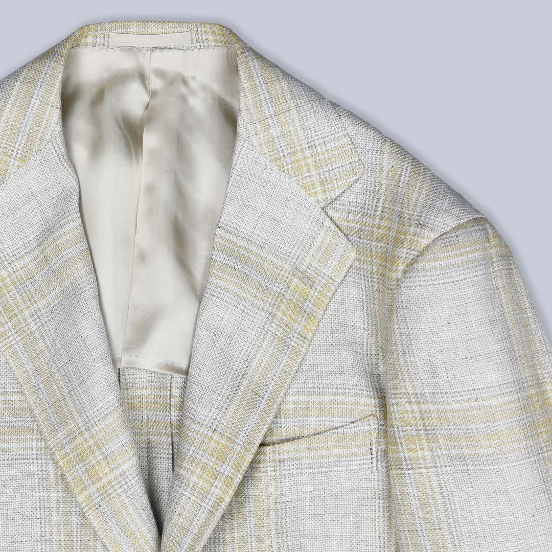 Beige Yellow Checked Linen Wool Blazer
