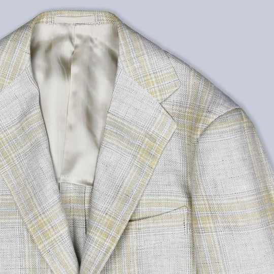 Beige Yellow Checked Linen Wool Blazer