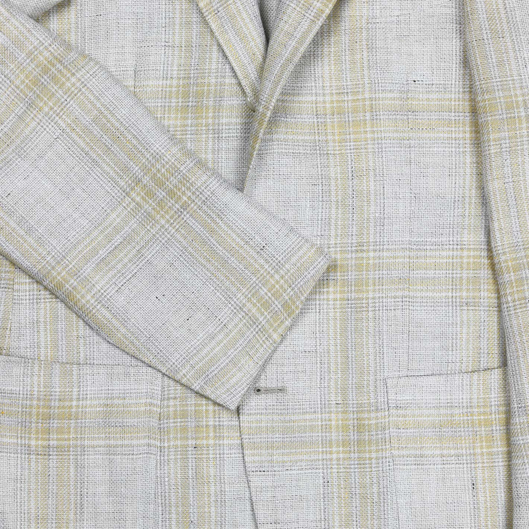 Beige Yellow Checked Linen Wool Blazer
