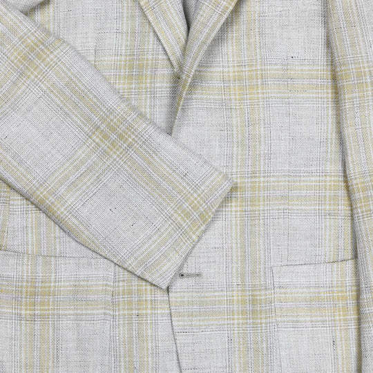 Beige Yellow Checked Linen Wool Blazer