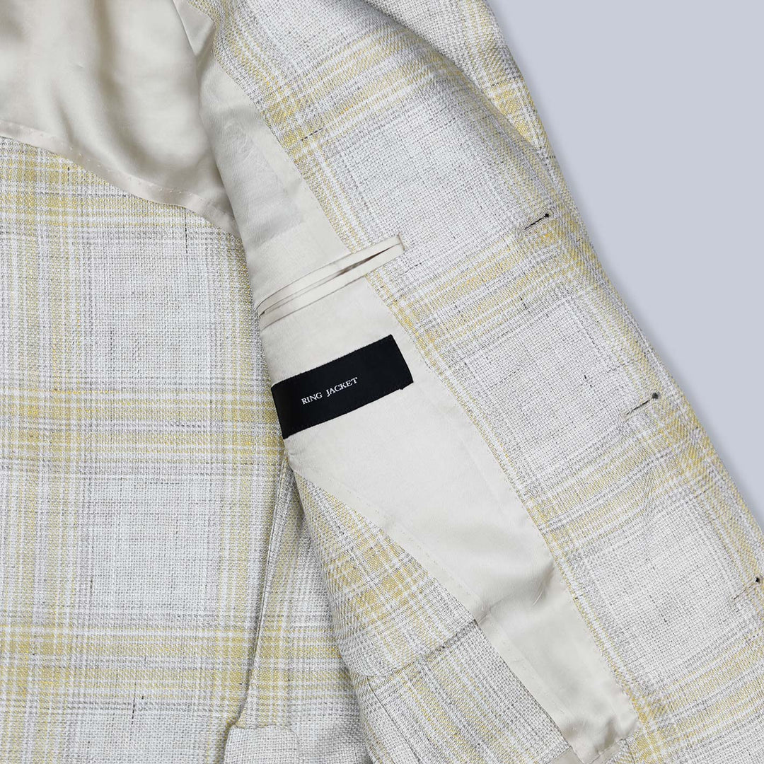 Beige Yellow Checked Linen Wool Blazer