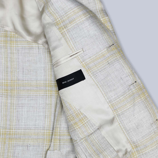 Beige Yellow Checked Linen Wool Blazer