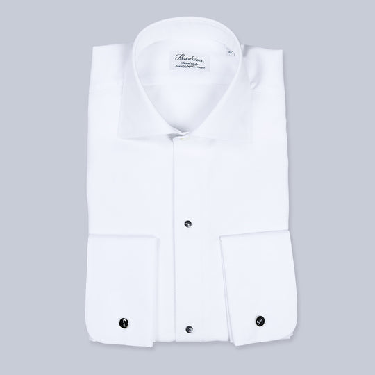 White Pique Front Fitted Body Tuxedo Shirt