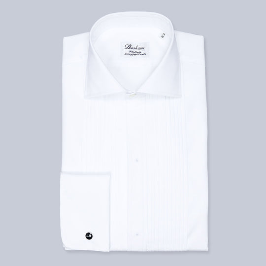 White Pleated Front Fitted Body Tuxedo Shirt