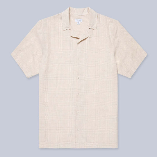 Ecru Loose Weave Check Camp Collar Shirt