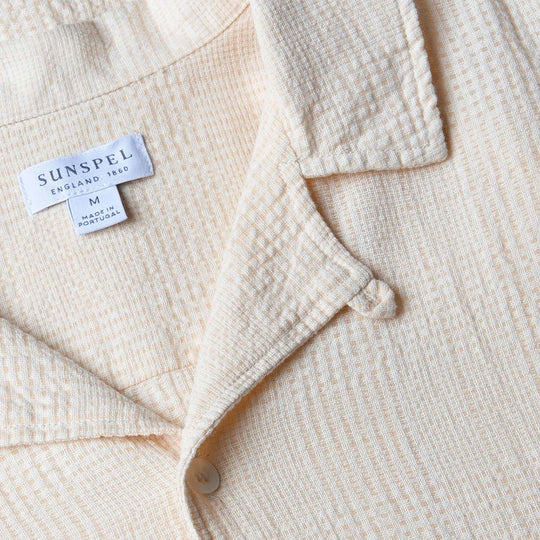 Ecru Loose Weave Check Camp Collar Shirt