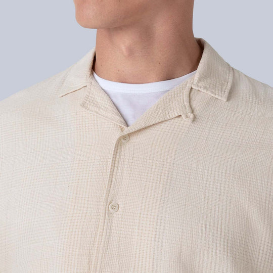 Ecru Loose Weave Check Camp Collar Shirt