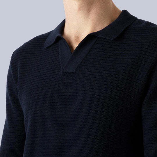 Navy Short Sleeve Open Textured Polo Shirt