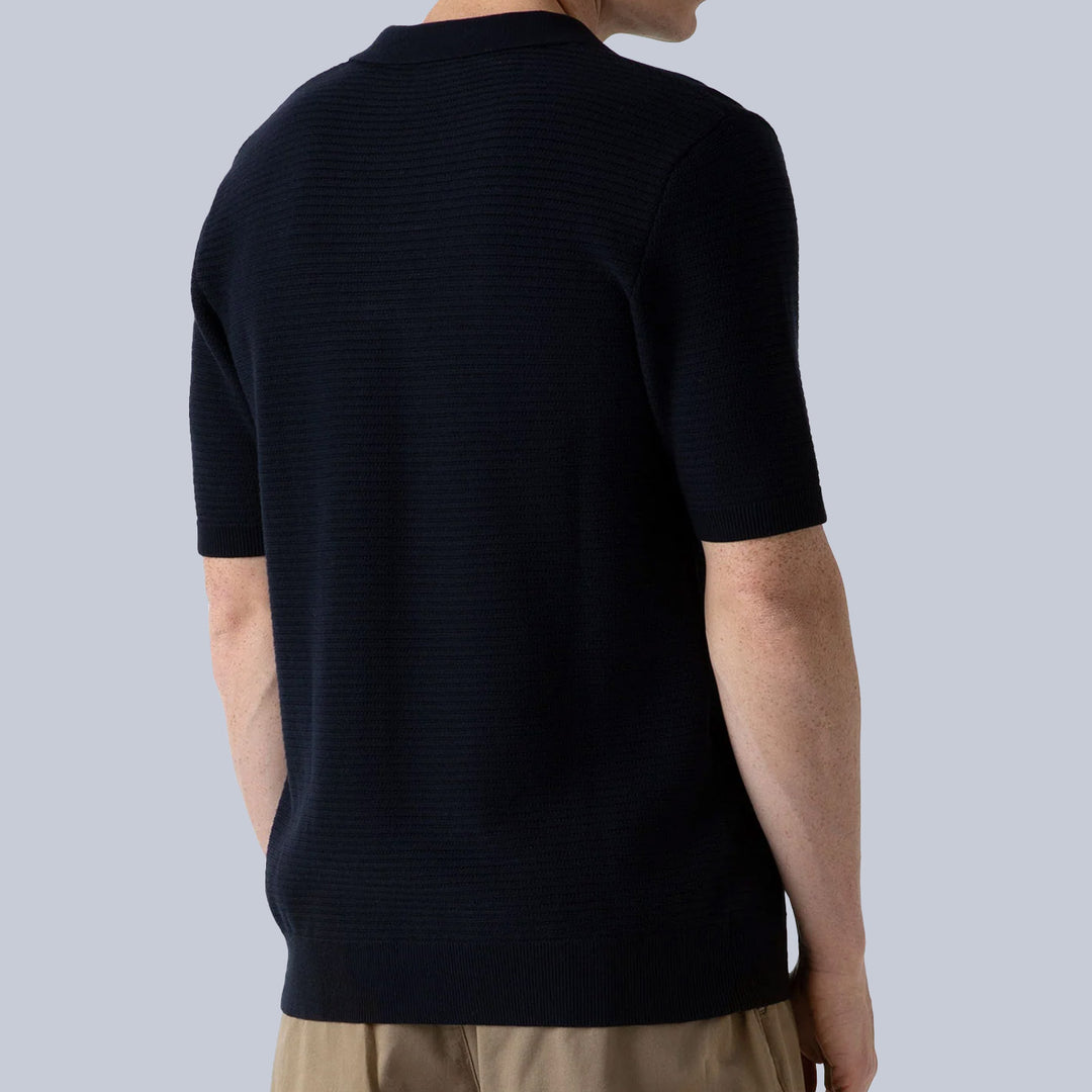 Navy Short Sleeve Open Textured Polo Shirt
