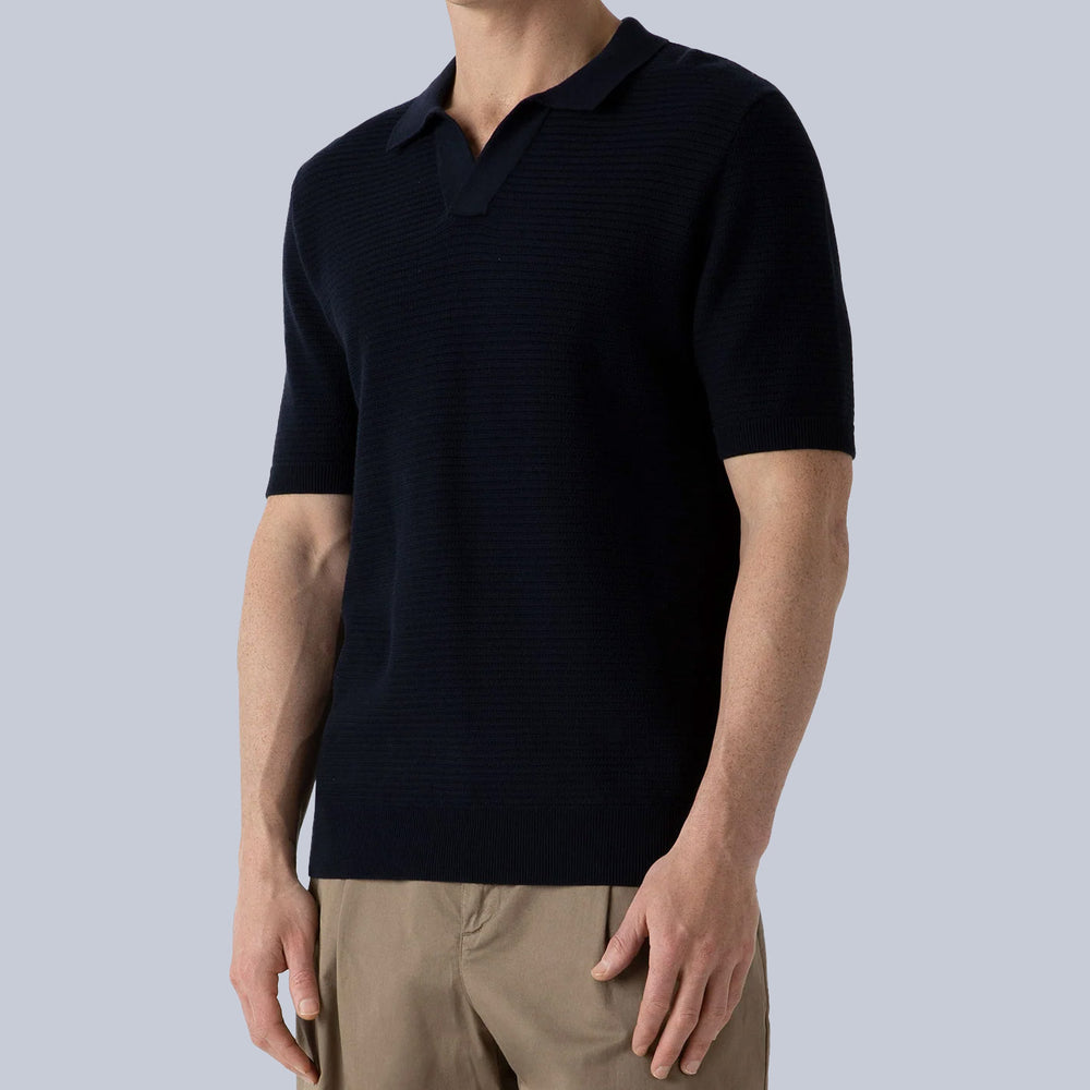 Navy Short Sleeve Open Textured Polo Shirt