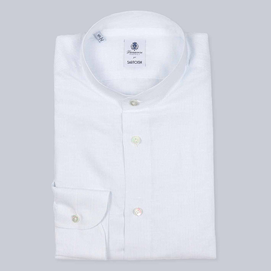 White Thin Striped Linen Cotton Mandarin Shirt