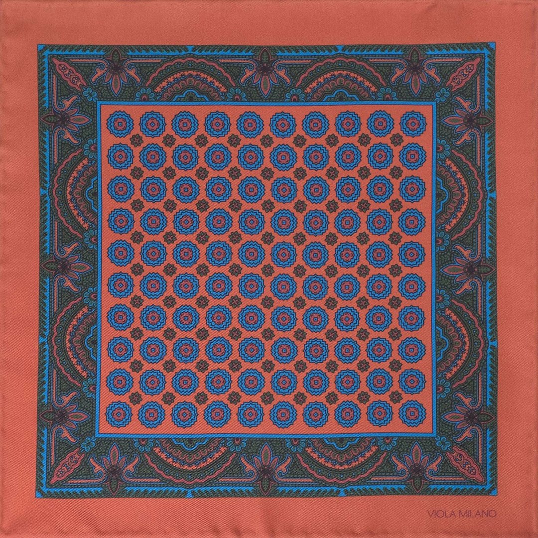 Copper Brown Blue Printed Silk Pocket Square