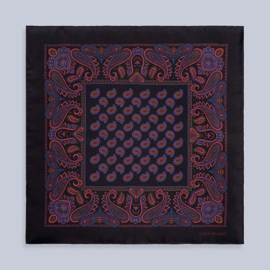 Midnight Blue Red Printed Silk Pocket Square