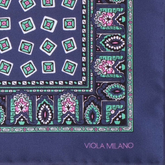Navy Mint Pink Printed Silk Pocket Square