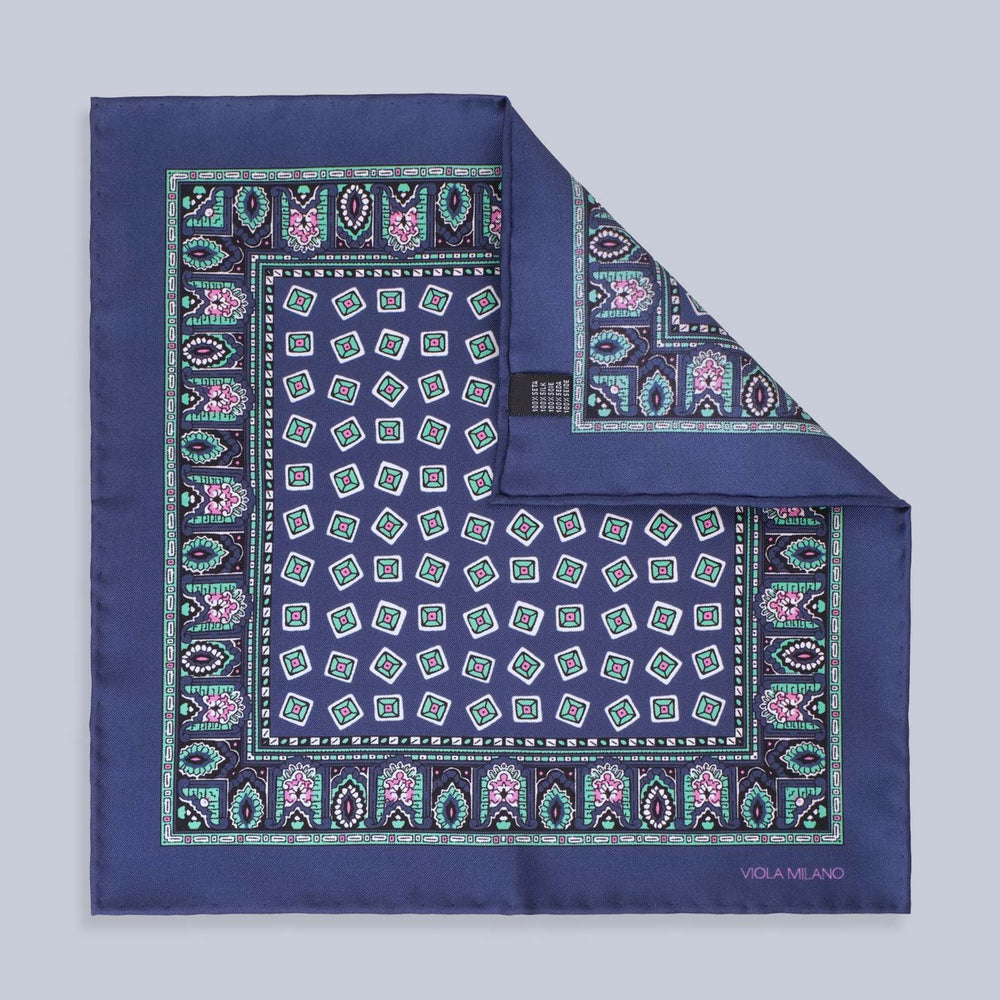 Navy Mint Pink Printed Silk Pocket Square