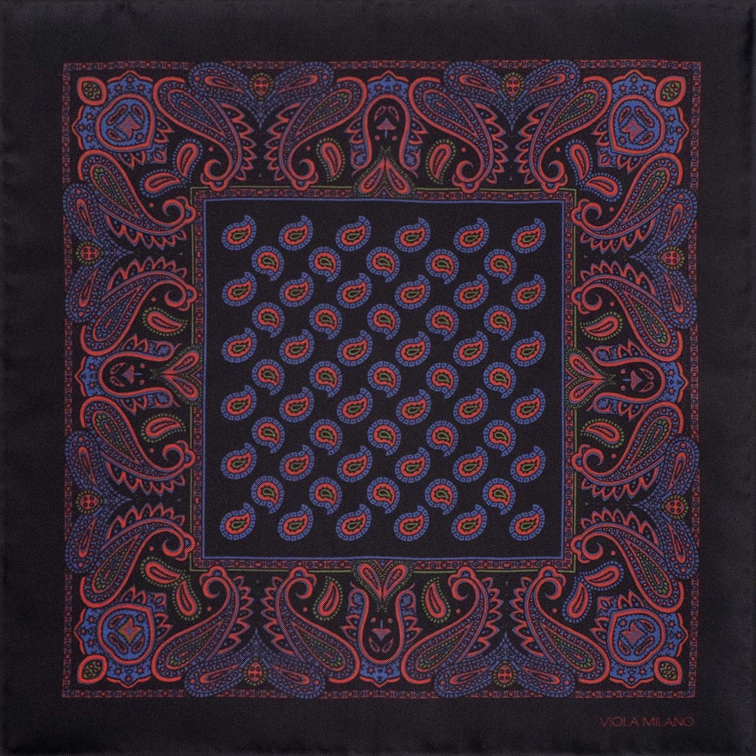 Midnight Blue Red Printed Silk Pocket Square