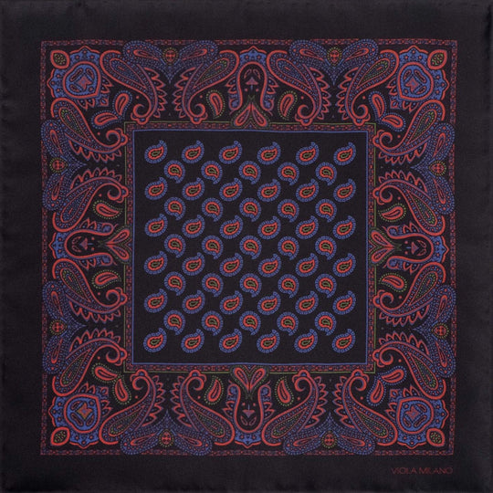 Midnight Blue Red Printed Silk Pocket Square